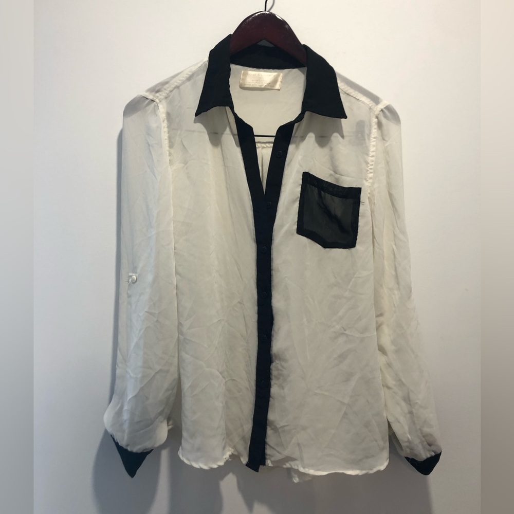 White and Black Contrast Button-Up Shirt